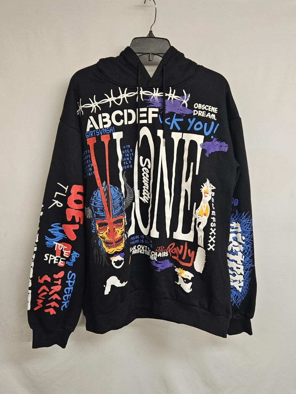 Vlone Hoodie Mens X-Large Black Graffiti AOP Hypebeast Streetwear Pullover